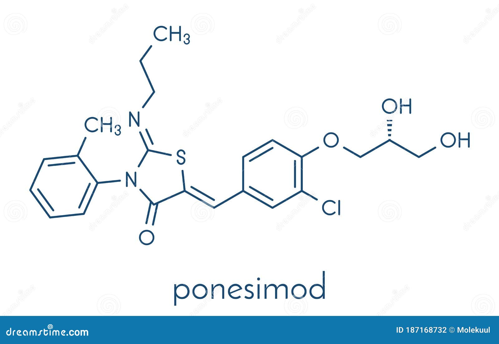 ponesimod anti-inflammatory drug molecule s1pr1 modulator. skeletal formula.