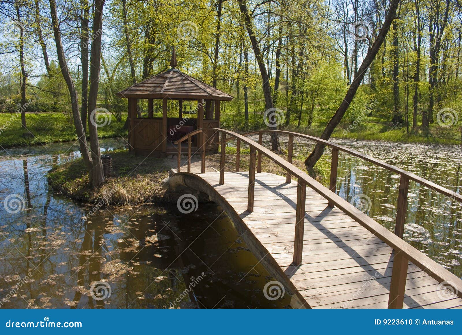 Ponte e alcove no parque. Ponte de madeira e alcove pequenos no parque