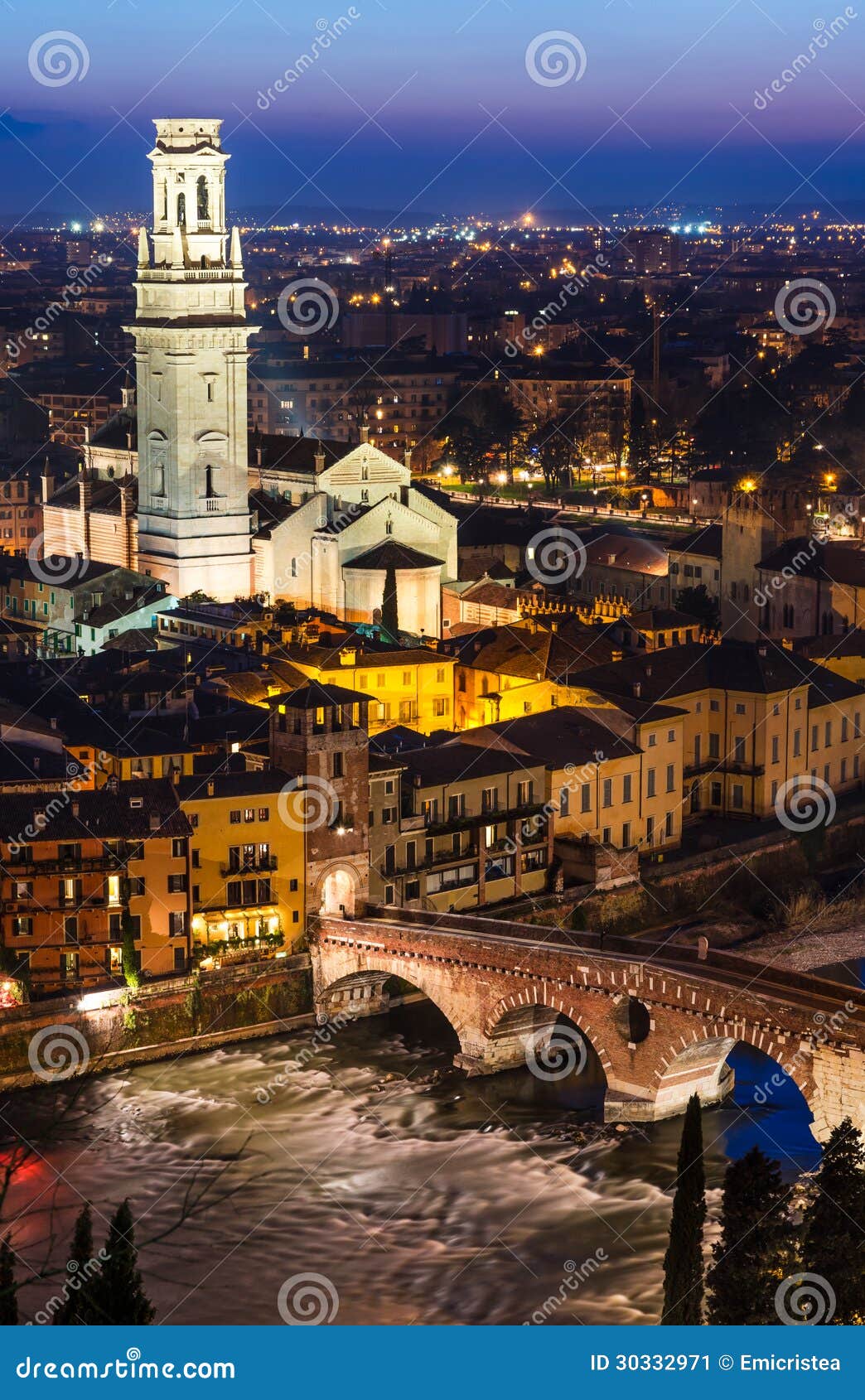 ponte pietra and duomo of verona in night, italy