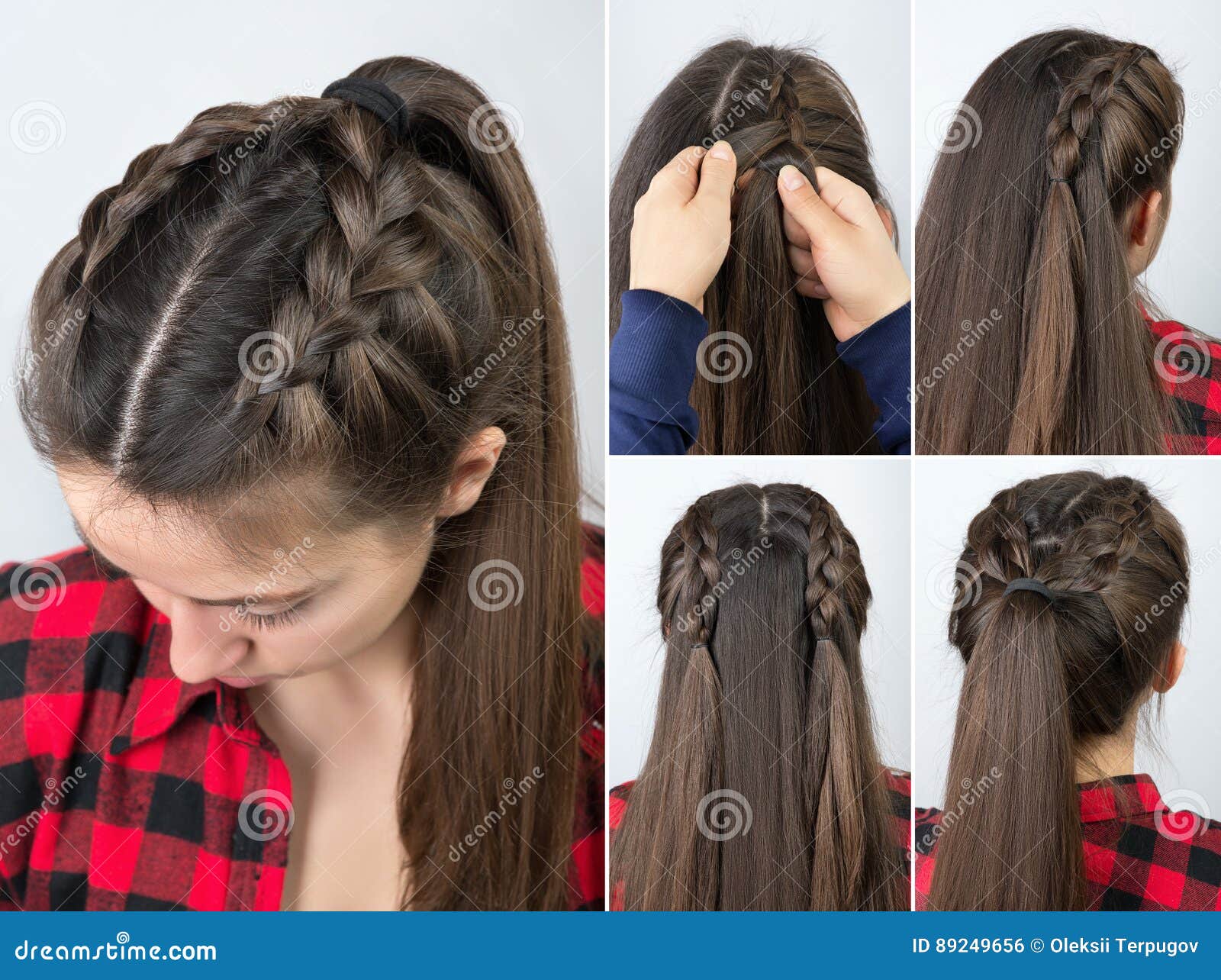 Pony Tail With Braid Hairstyle Tutorial Stock Photo 