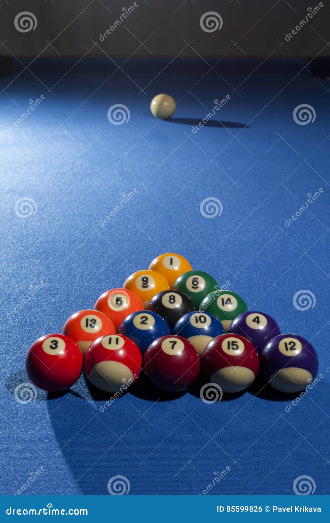 Pool Billiard Balls in Commonly Used Starting Position with Pool Stock