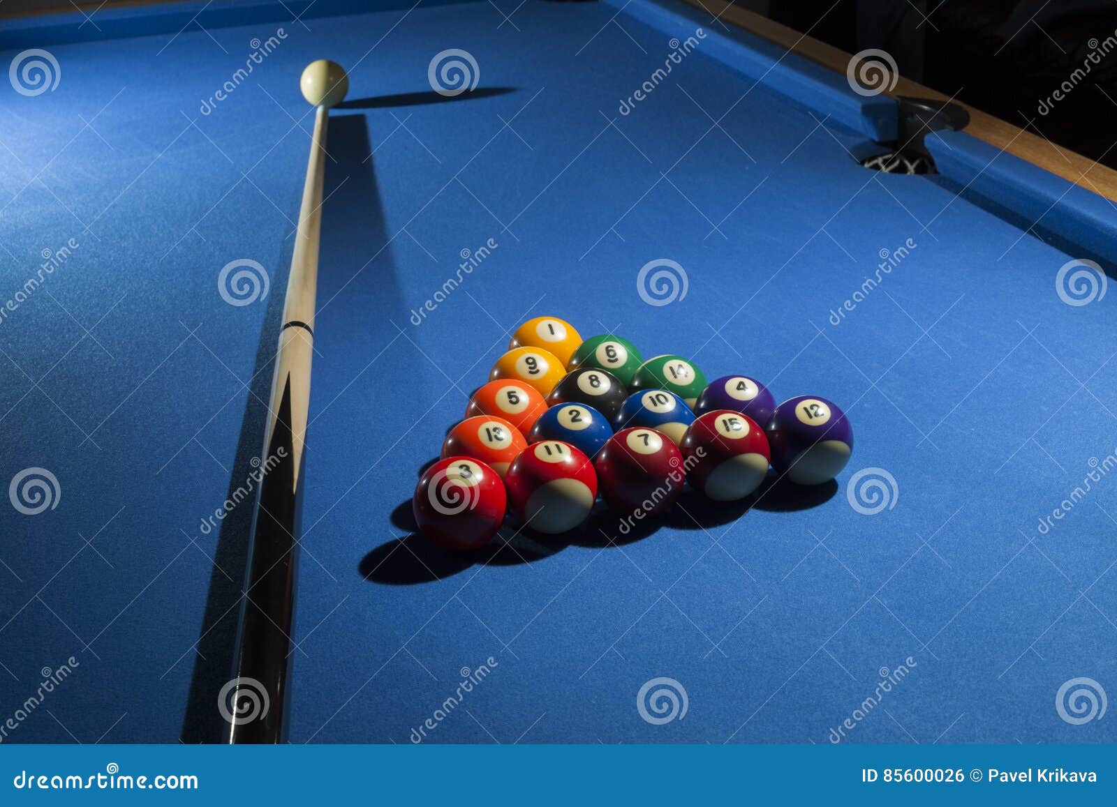 Pool Billiard Balls in Commonly Used Starting Position with Pool Stock