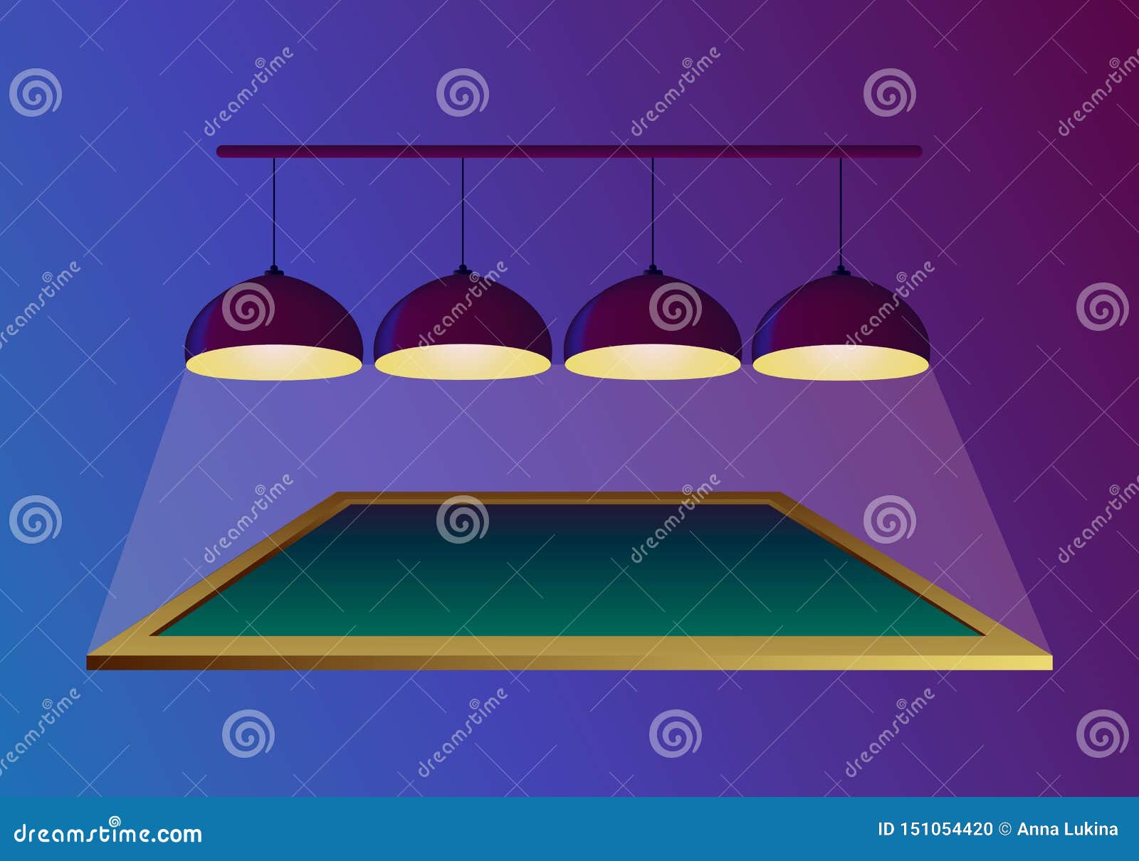 pool billiard table with four ceiling lamps that shine and hang on purple background.   in realistic style.