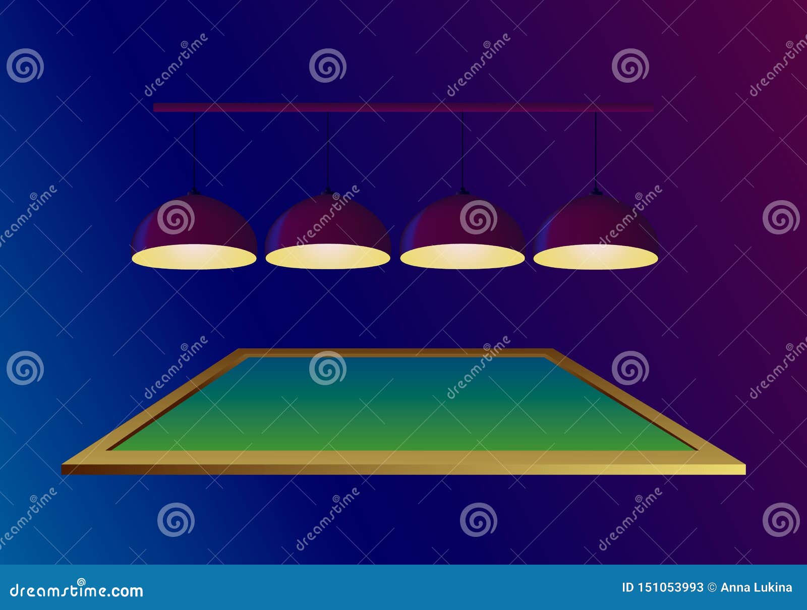 pool billiard table with four illuminating ceiling lamps on dark blue background.   flyer in realistic style.