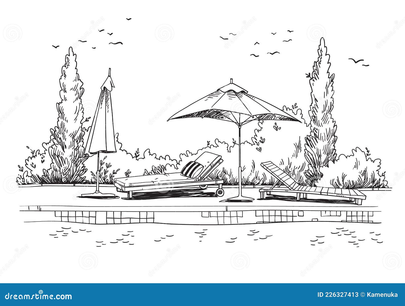 By the Pool. Black and White Quirky Sketch of Sunbeds by the Pool Stock