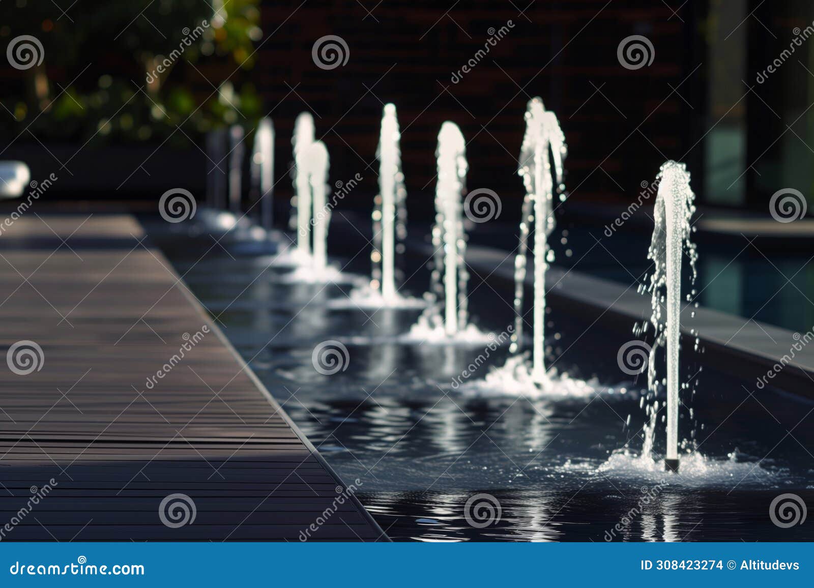 pool deck with minimalist fountains linearly arranged