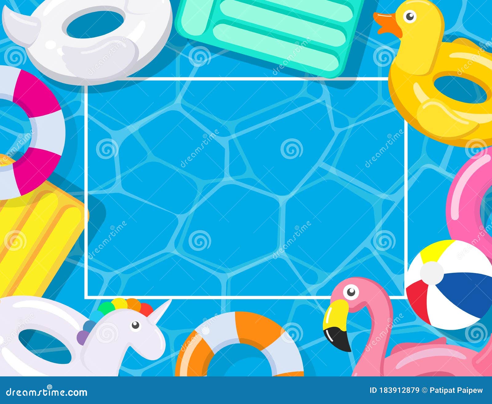Pool Party Frame with Pool Floats on Swimming Pool Background Stock  Illustration - Illustration of background, design: 183912879