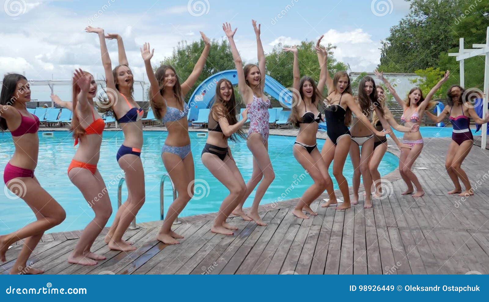 Pool Party, Slender Girls in Bathing Suits Jumping Near Swimming