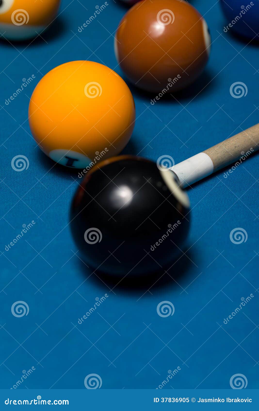 Pool Table with Balls and Cue Stick Stock Image Image of leisure