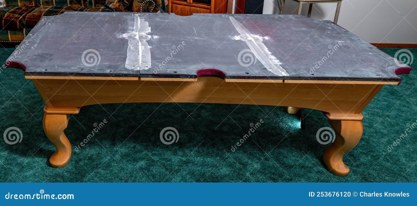 Pool Table with the Felt Removed Exposing the Slate Stock Photo Image of blue, worker 253676120