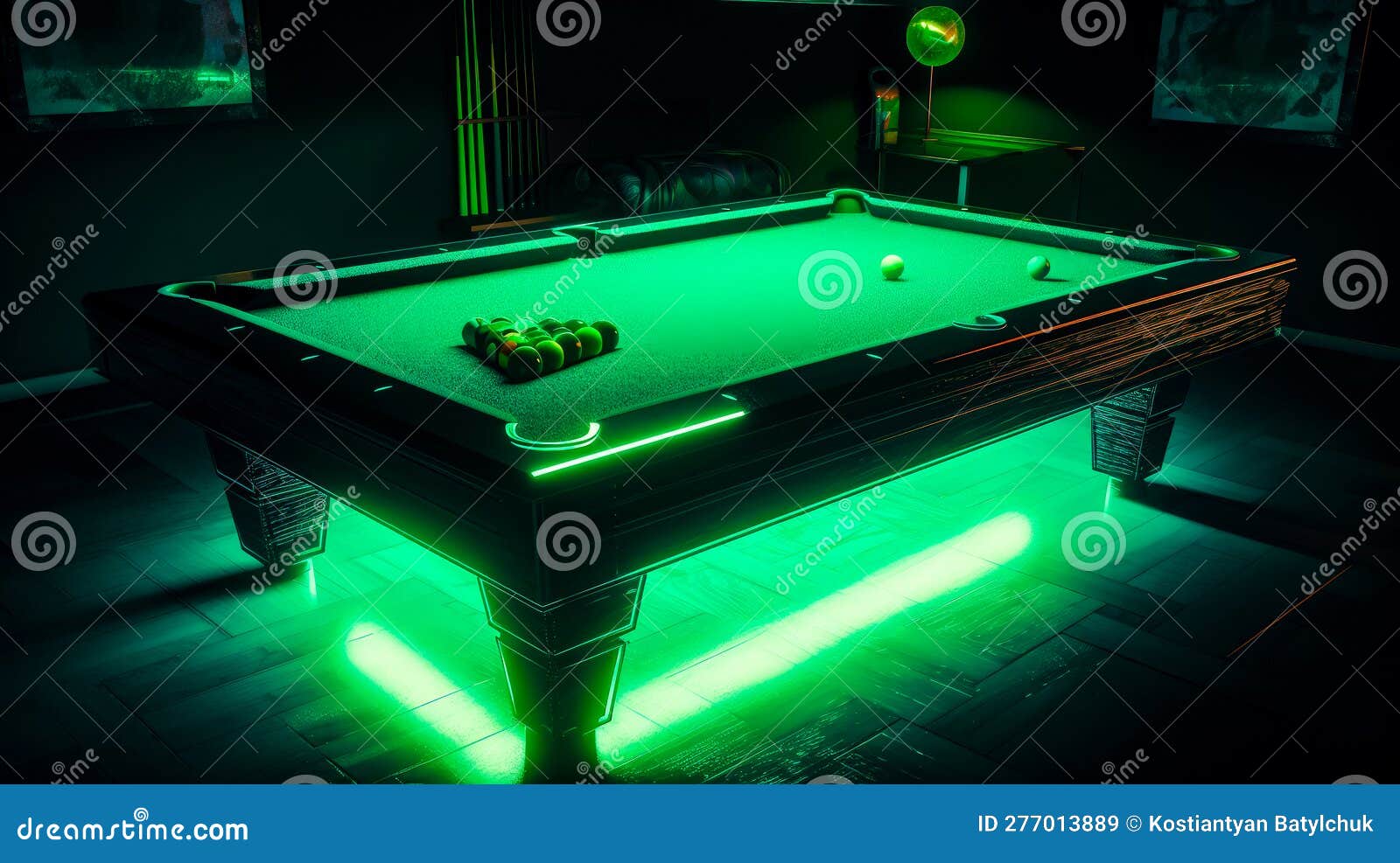 Pool Table with Green Light in the Middle of the Pool Table. Generative