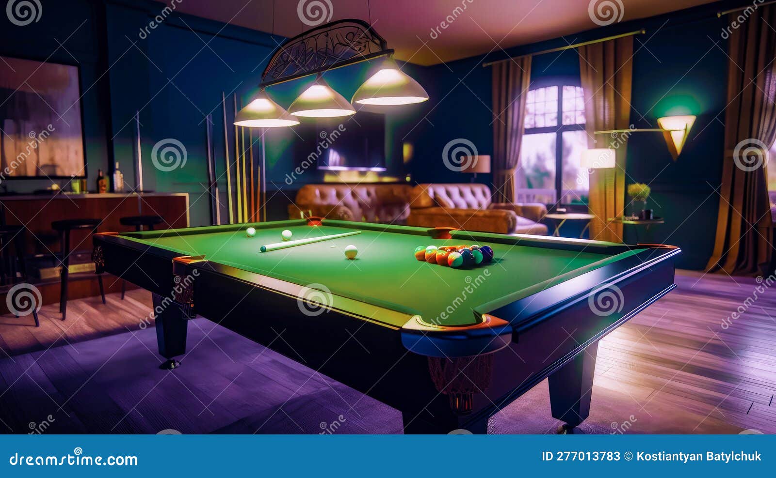 Pool Table in Living Room with Pool Table and Pool Cues. Generative AI