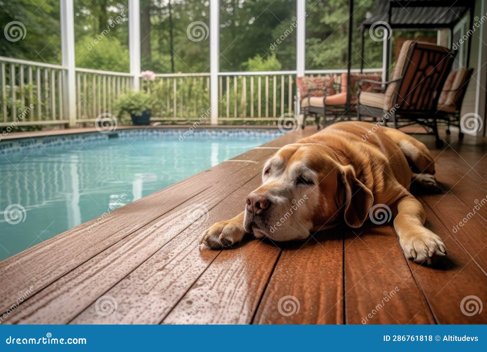 Poolside View of Dog Resting on a Wet Deck Stock Illustration