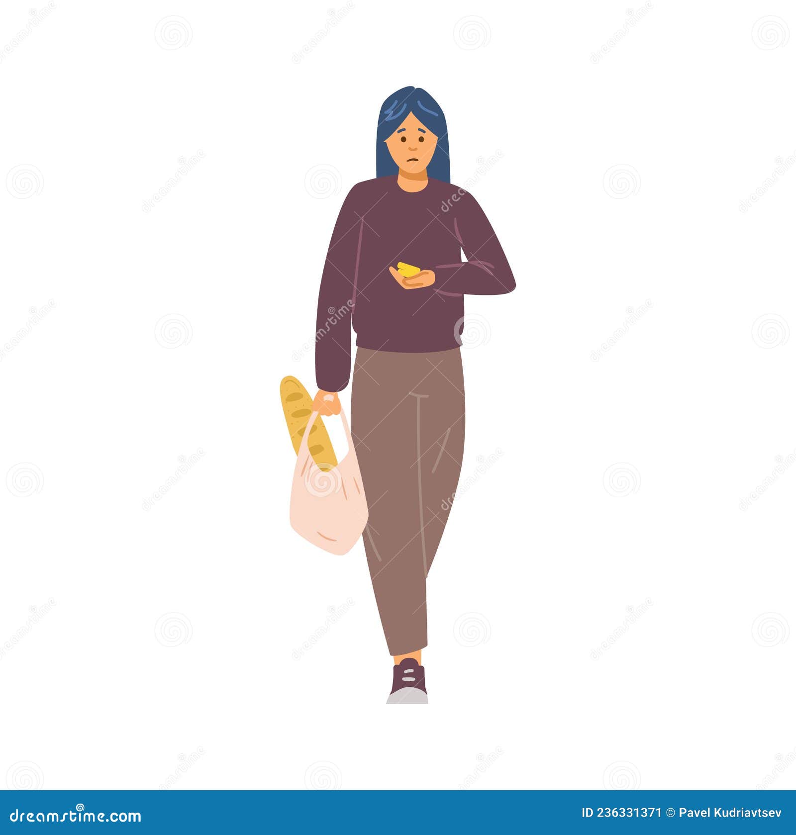 Poor Modestly Dressed Woman Who Lacks Money for Food, Flat Cartoon ...