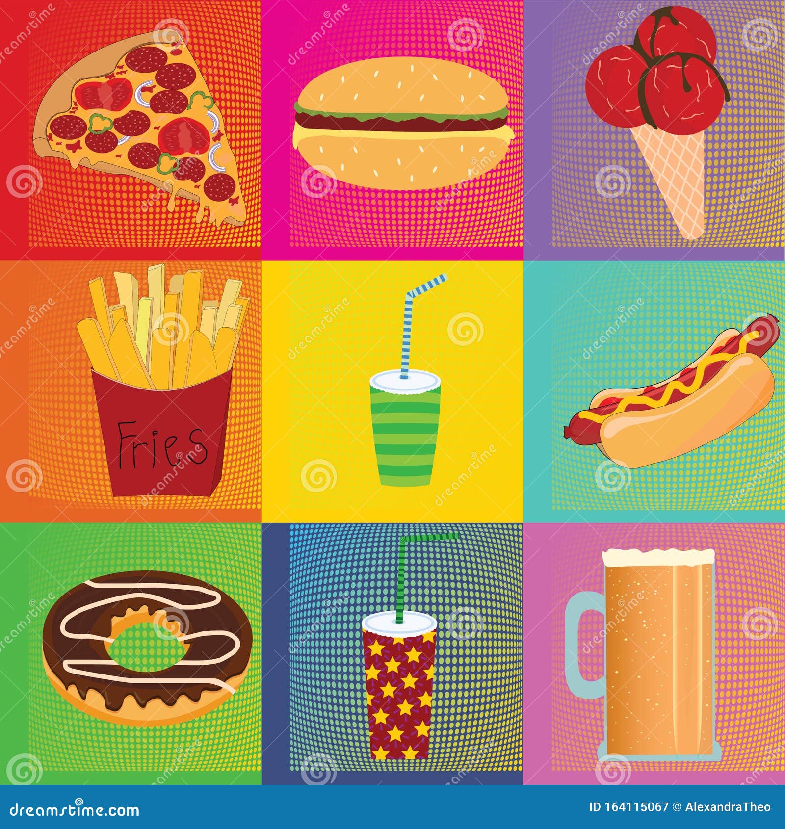 Pop Art Andy Warhol Background With Dots And Food Icons Stock Vector -  Illustration Of Colorful, Hamburger: 164115067