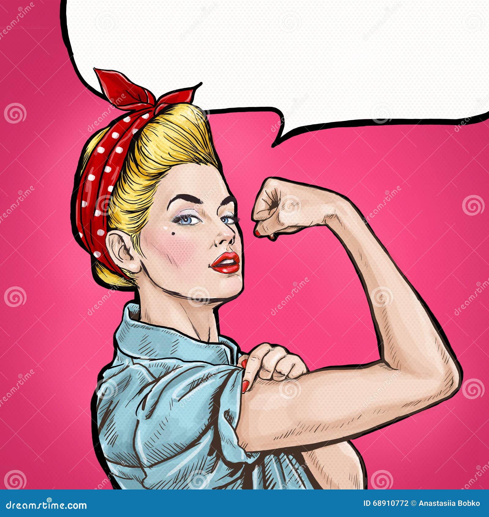 Women Power. Pop art sexy strong blonde girl in a circle on white  background. Classical american symbol of female power, woman rights,  protest, feminism. Vector illustration in retro comic style. Stock Vector