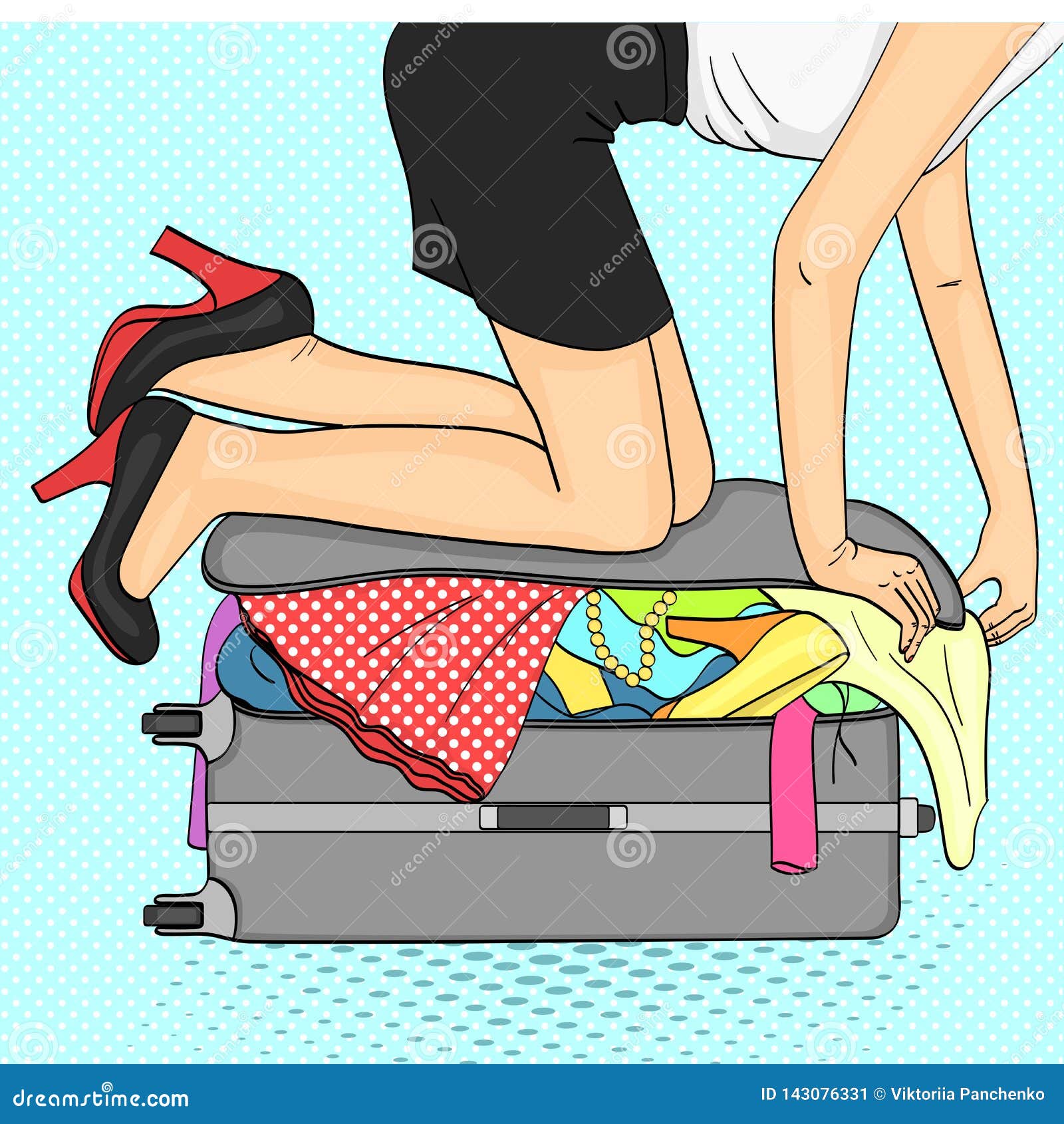 pop art background.tema travel and female gathering. things that do not fit into the suitcase. raster