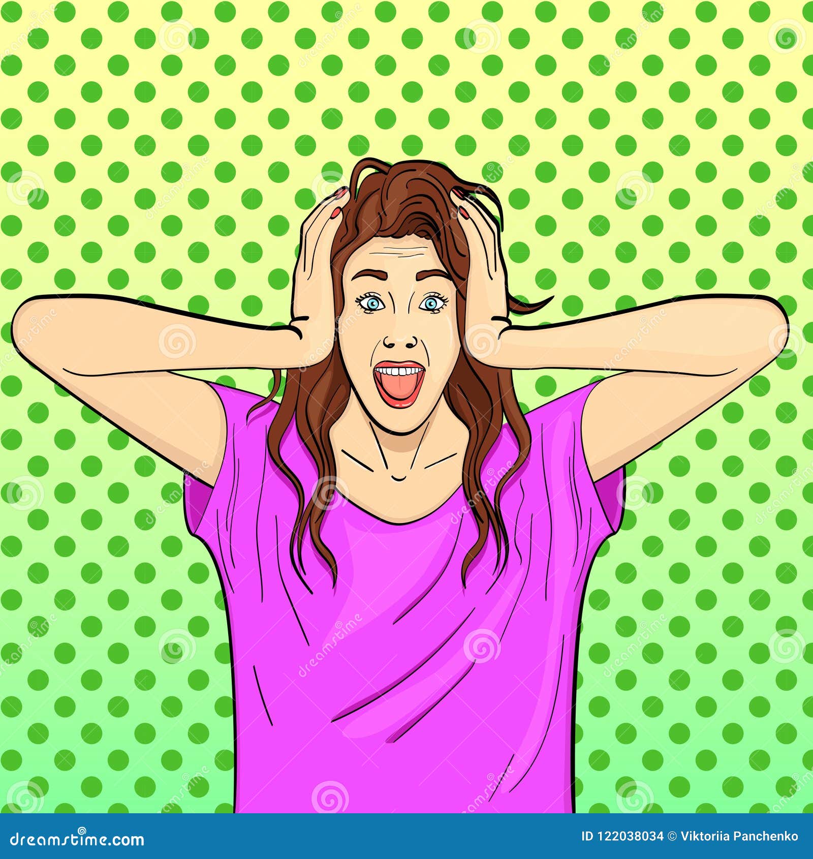 pop art background. young girl, brunette screams, holds herself by the head. psychological disease, hysterics. comic