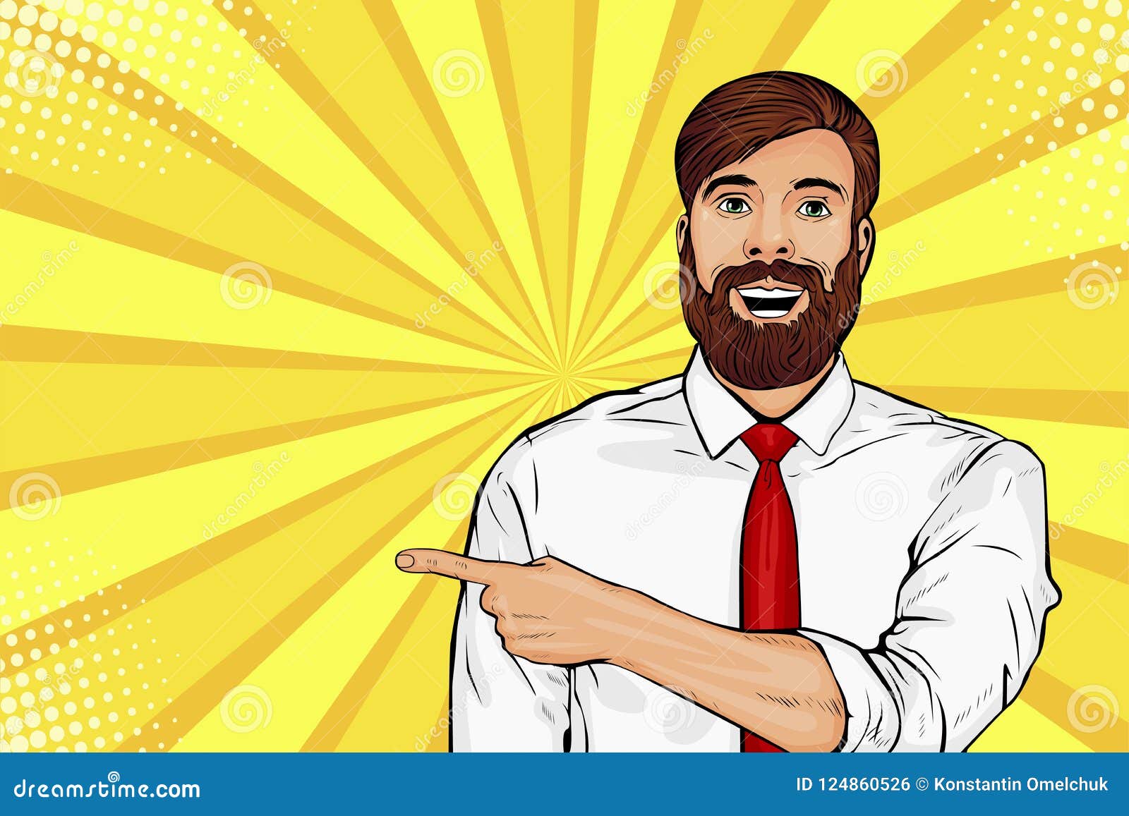 Pop art vector illustration of hipster man with wow surprised face