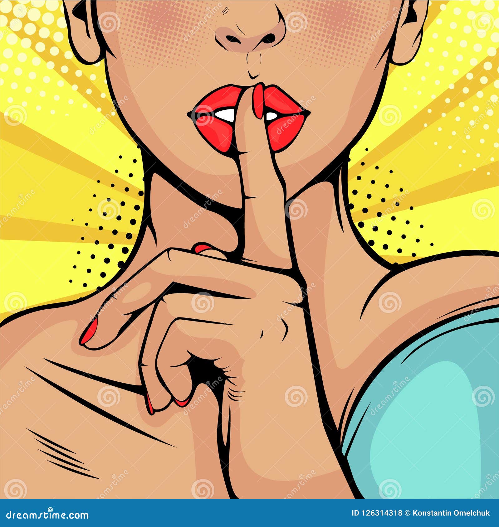 pop art beautiful woman put her finger to her lips, calling for silence