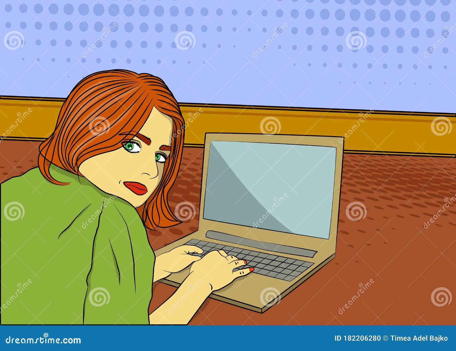 Pop Art Business Women 在家工作 漫画书风格 笔记本电脑前的卡通女性女性自由职业向量例证 插画包括有女性自由职业 Business 182206280