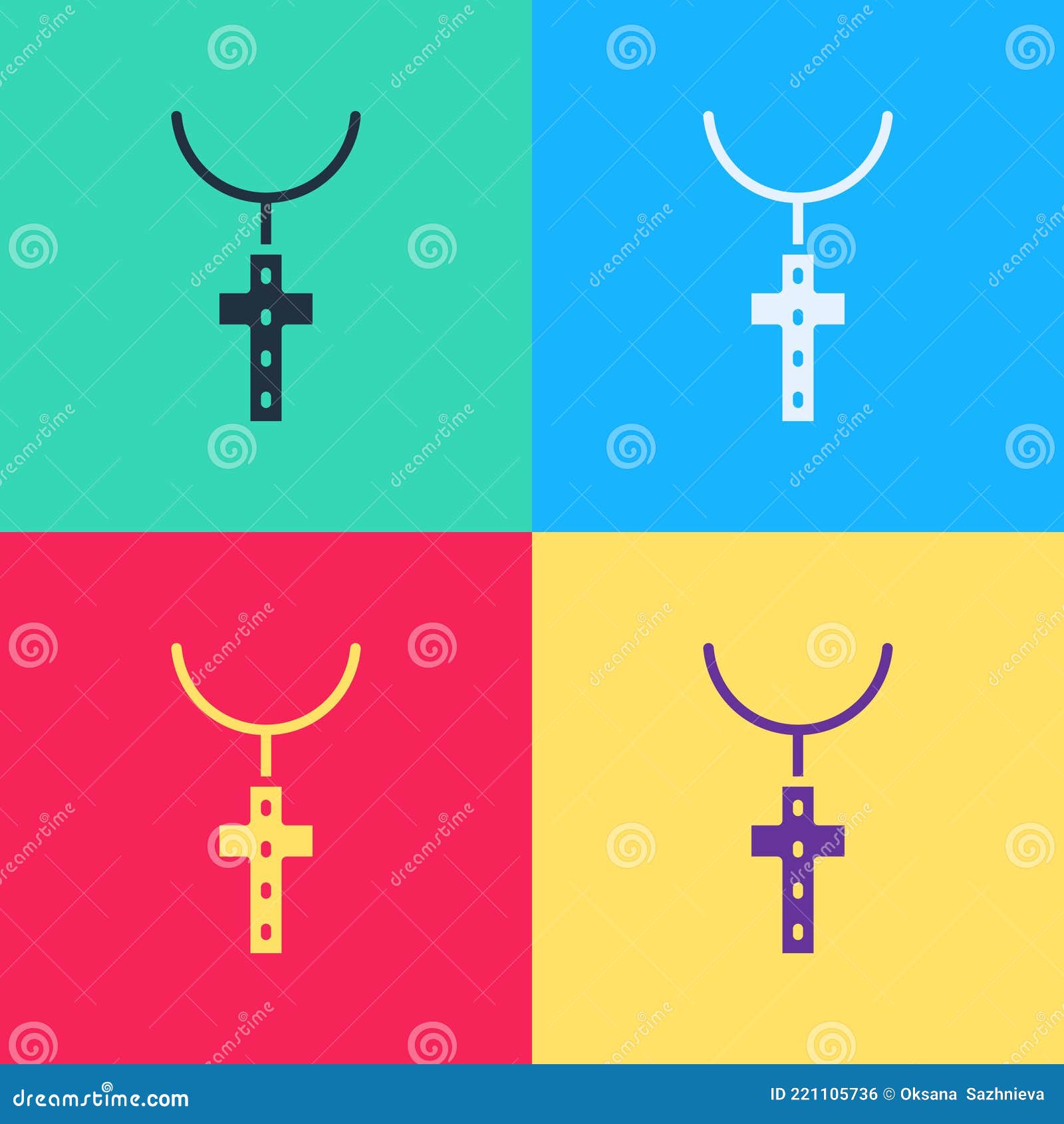 Pop Art Christian Cross on Chain Icon Isolated on Color Background