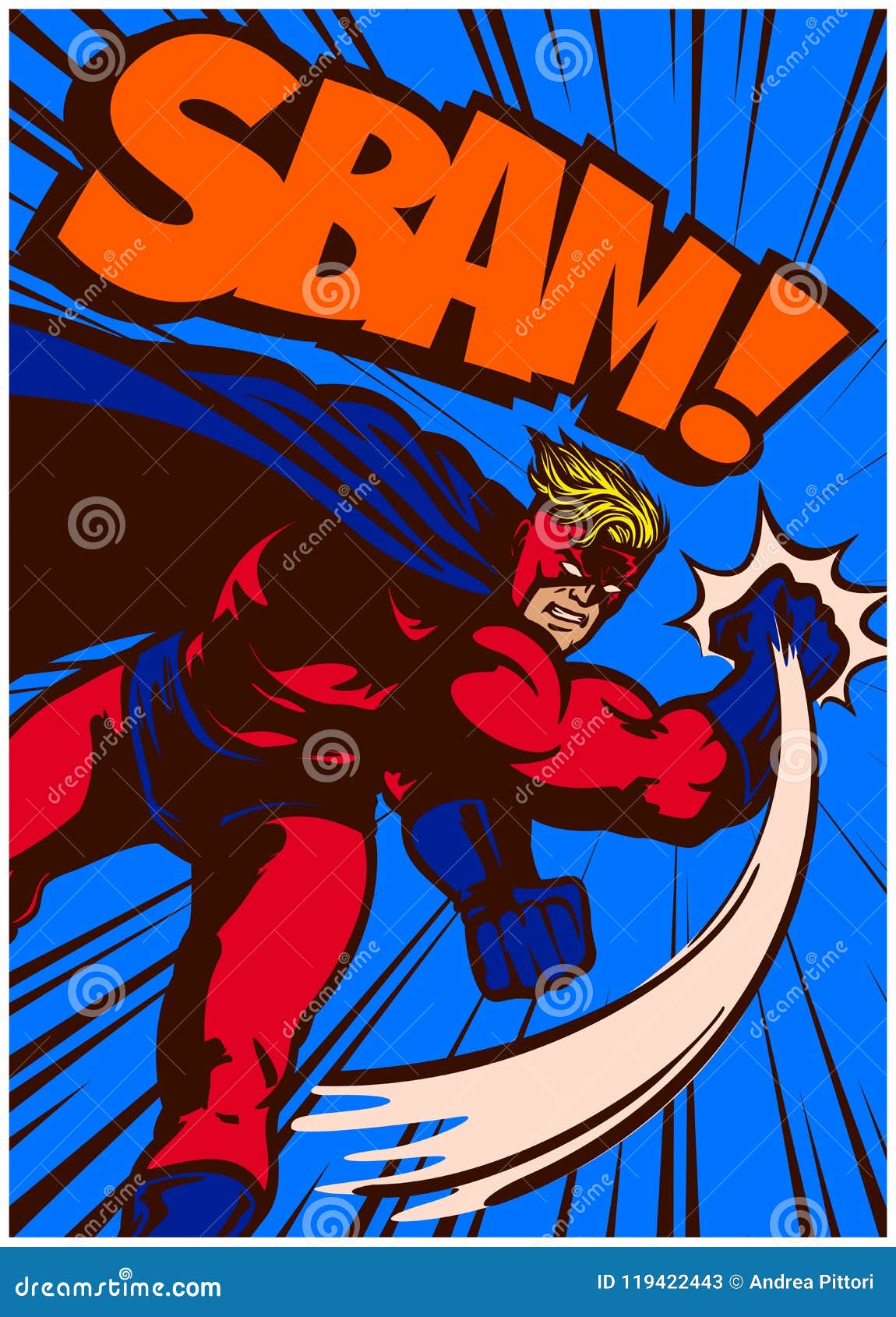 Pop Art Comic Book Superhero In Action Punching And