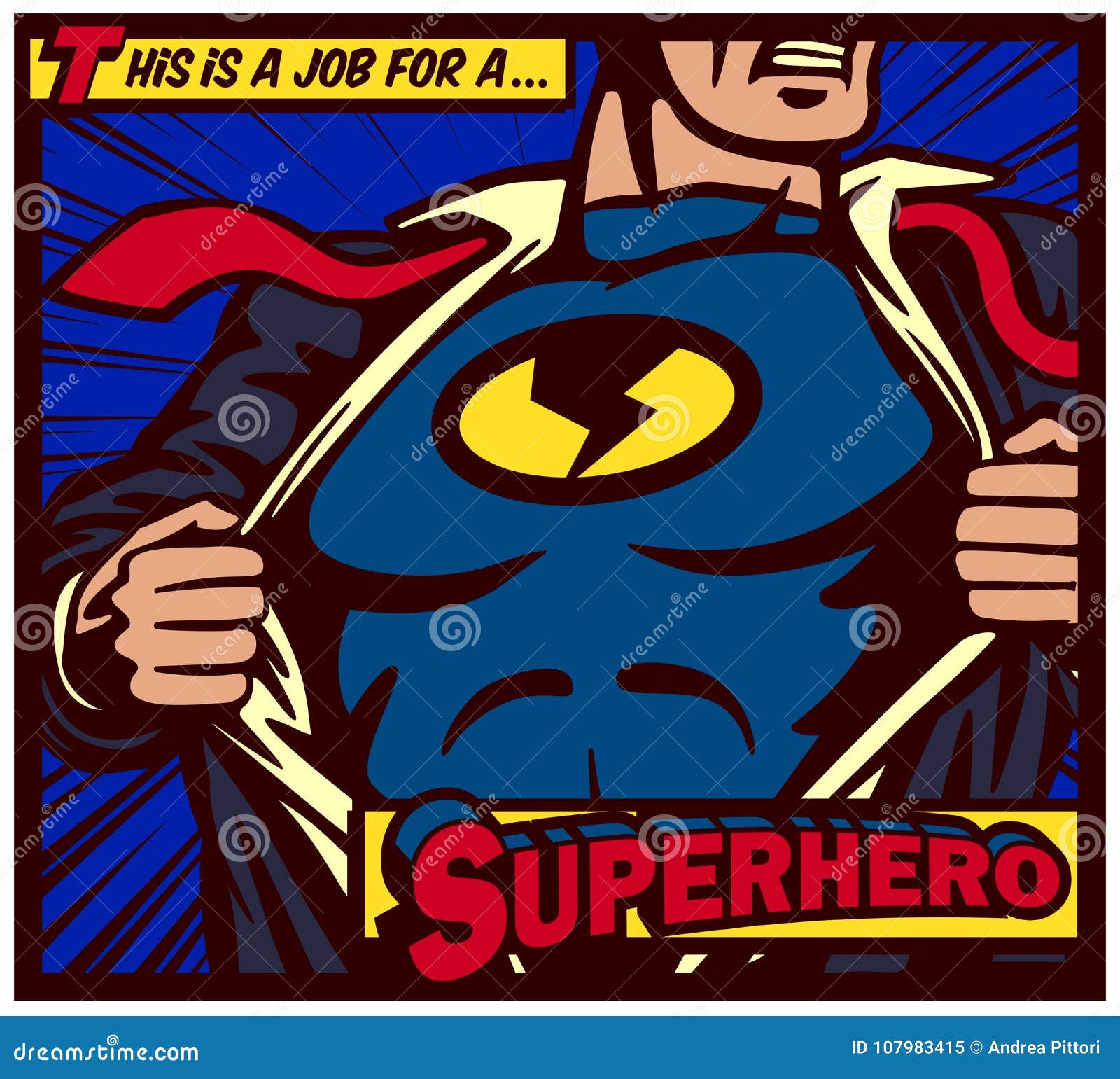 Pop-art Comics Style Superhero Ripping Shirt and Wearing Costume Vector