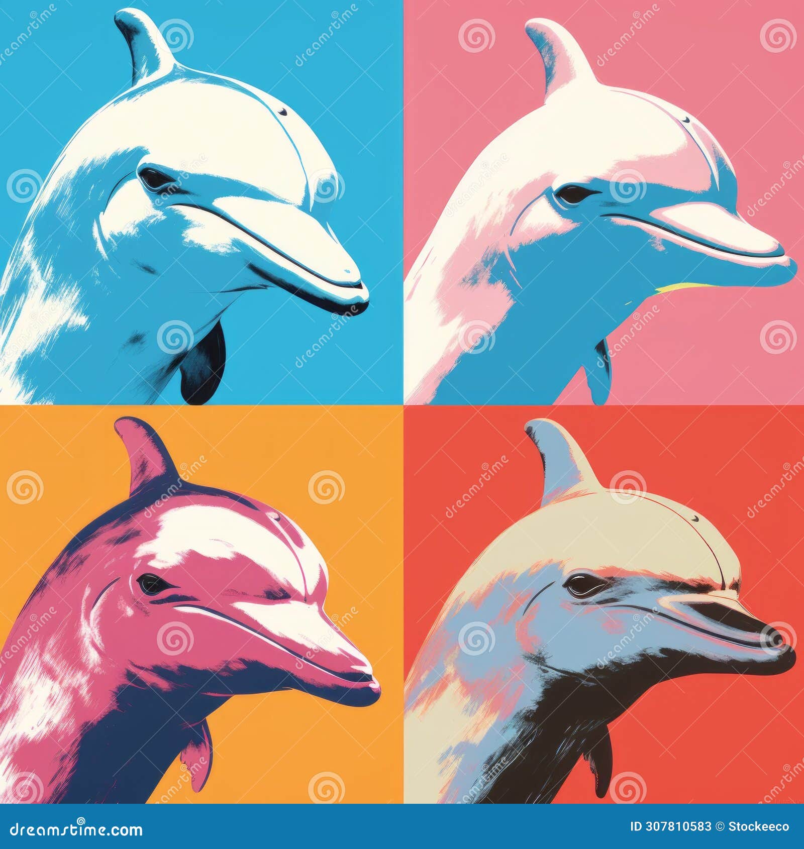 colorful dolphin portraits in the style of andy warhol