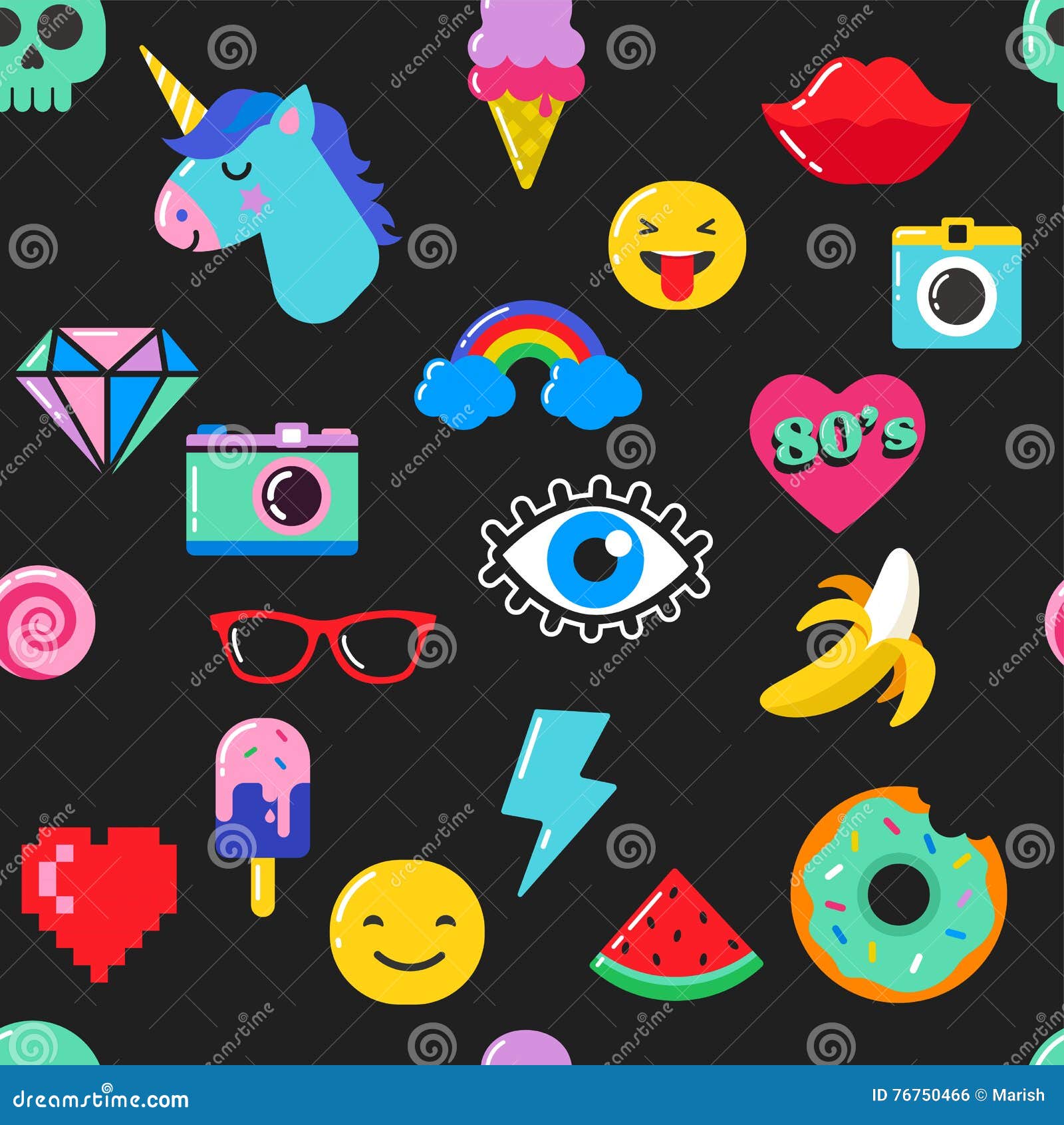 Pop Art Fashion Chic Seamless Pattern with Patches, Pins, Badges and  Stickers Stock Vector - Illustration of happy, icon: 76750466
