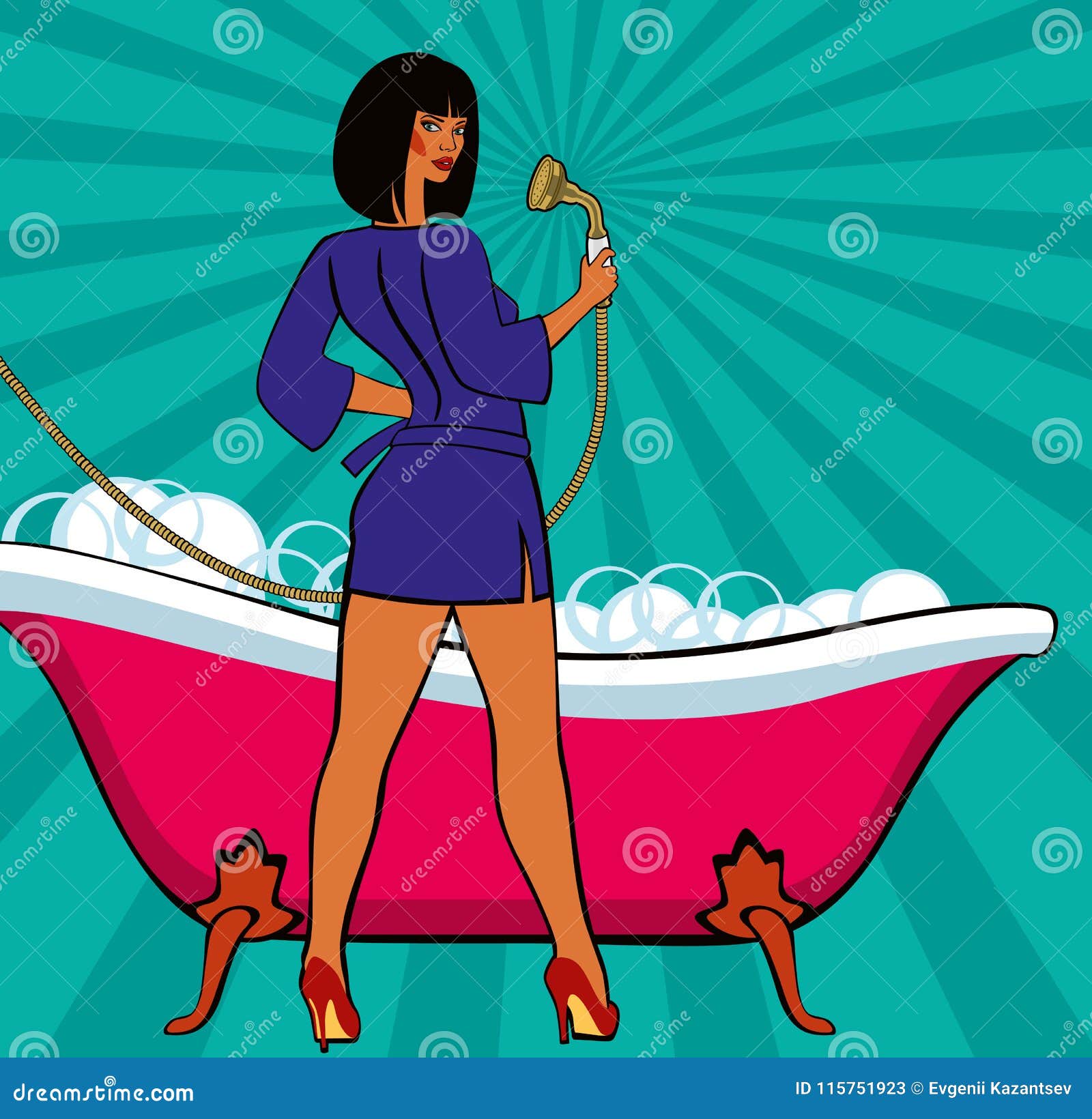 Pop Art. a Girl in a Bathrobe is Going To Wash in a Bath Stock Vector ...