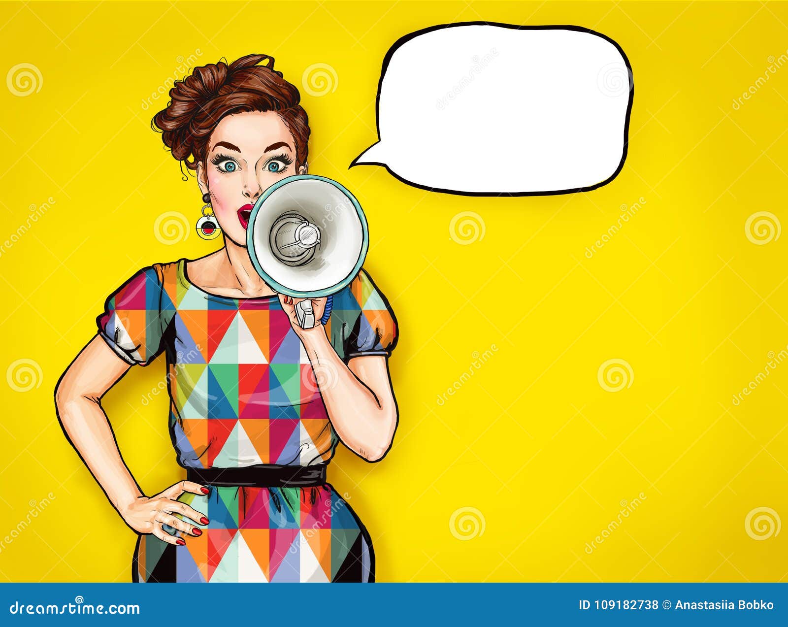 pop art girl with megaphone. woman with loudspeaker.