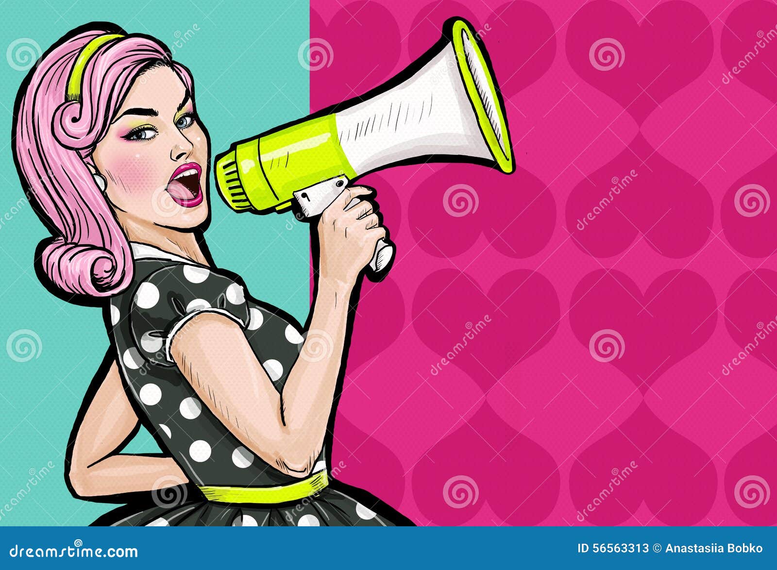 pop art girl with megaphone. woman with loudspeaker. girl announcing discount or sale. shopping time.