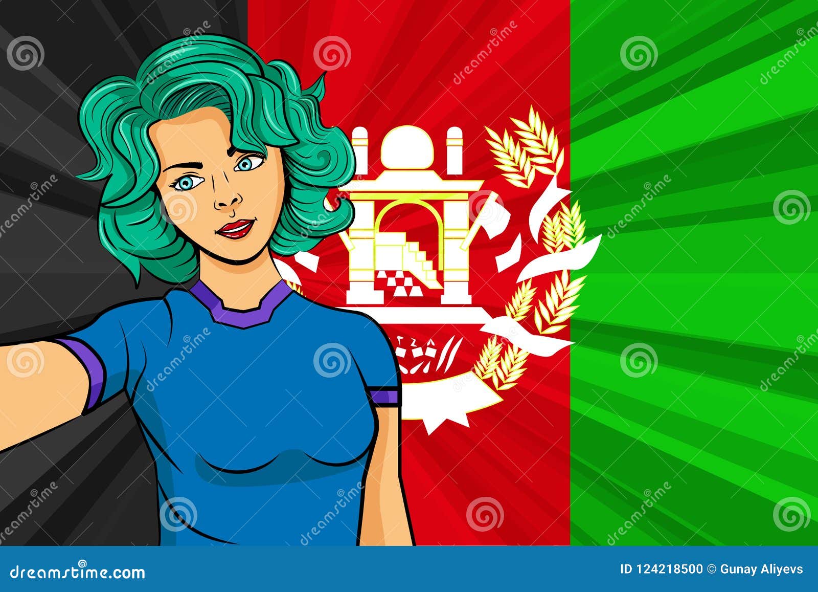 Pop Art Girl with Unicorn Color Hair Style. Young Fan Girl Makes Selfie  before the National Flag of Afghanistan Stock Illustration - Illustration  of style, girl: 124218500