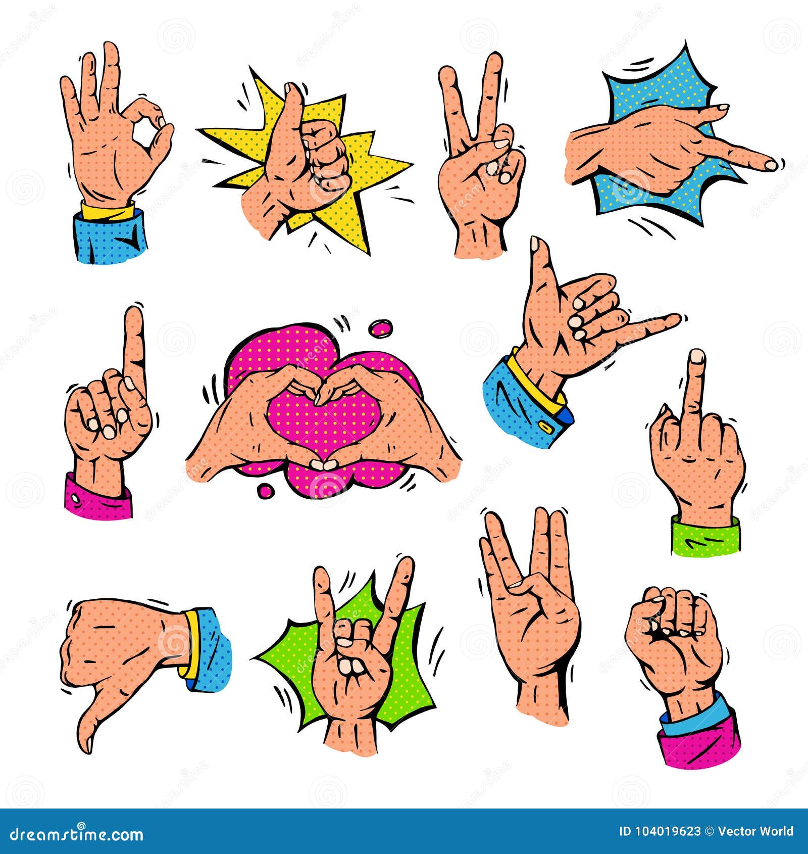 Pop Art Hands Fingers Showing Gesture And Human Symbols Hands Different