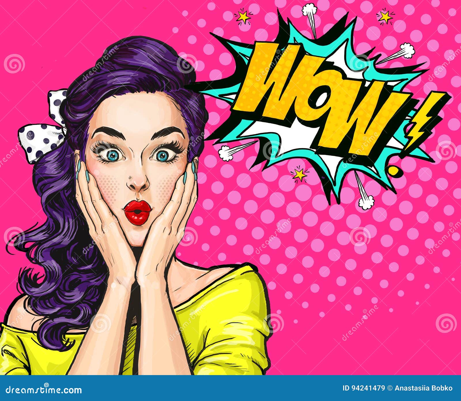 pop art , surprised girl.comic woman. wow.advertising poster. pop art girl. party invitation. birthday greeting card.