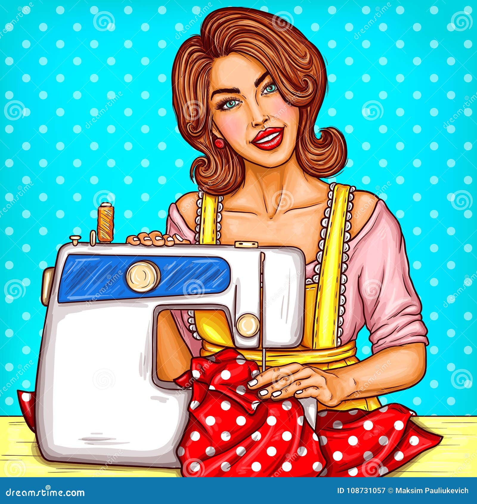 Pop Art Woman Dressmaker Seamstress Or Sewer Sketch Illustration At