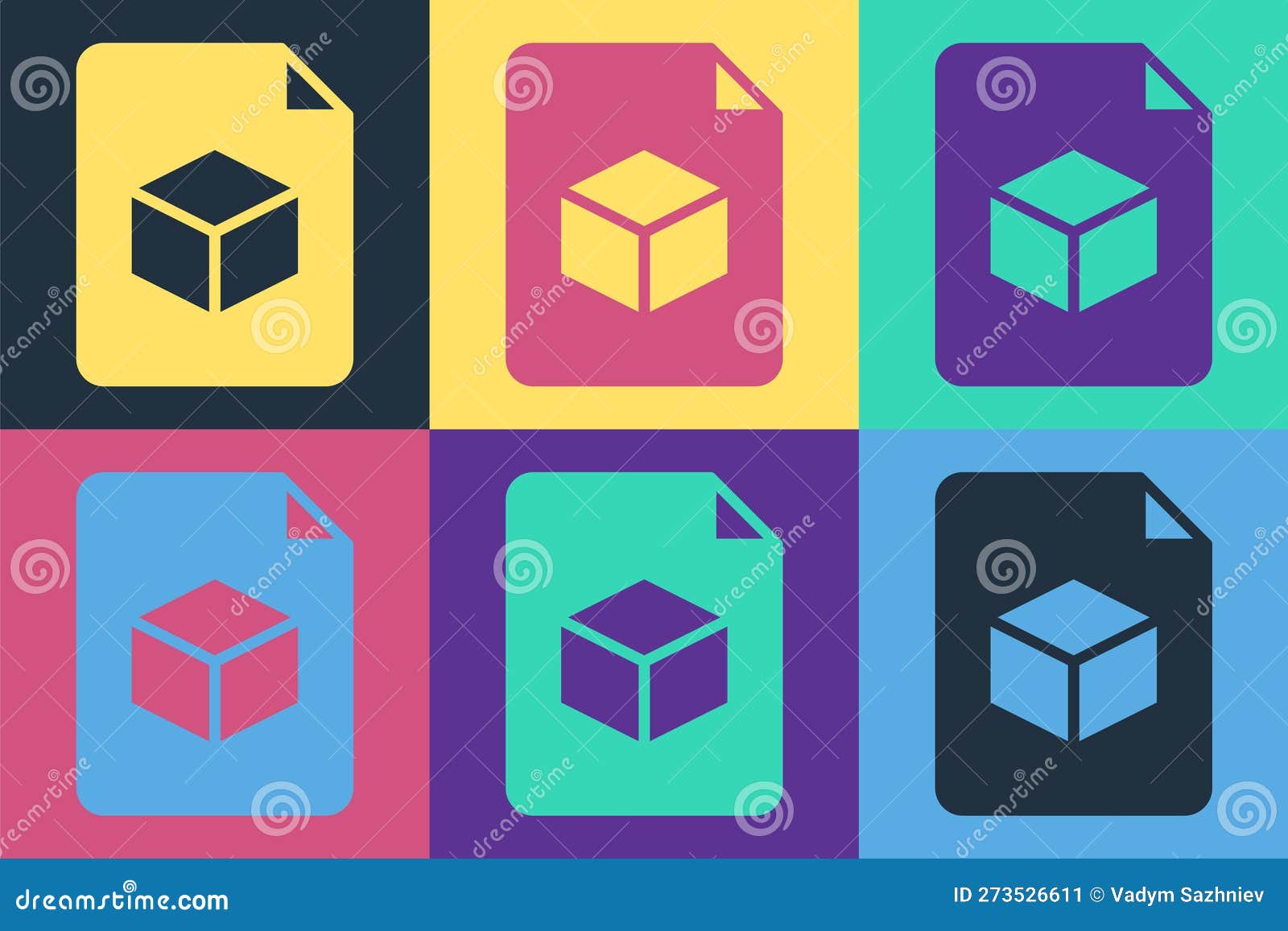 pop art isometric cube file icon  on color background. geometric cubes solid icon. 3d square sign. box 