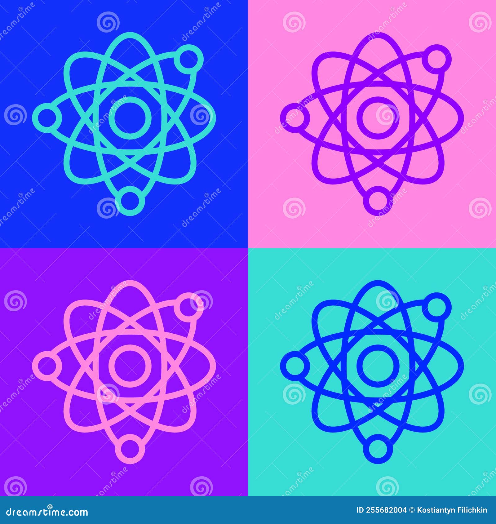 Pop Art Line Atom Icon Isolated on Color Background. Symbol of Science
