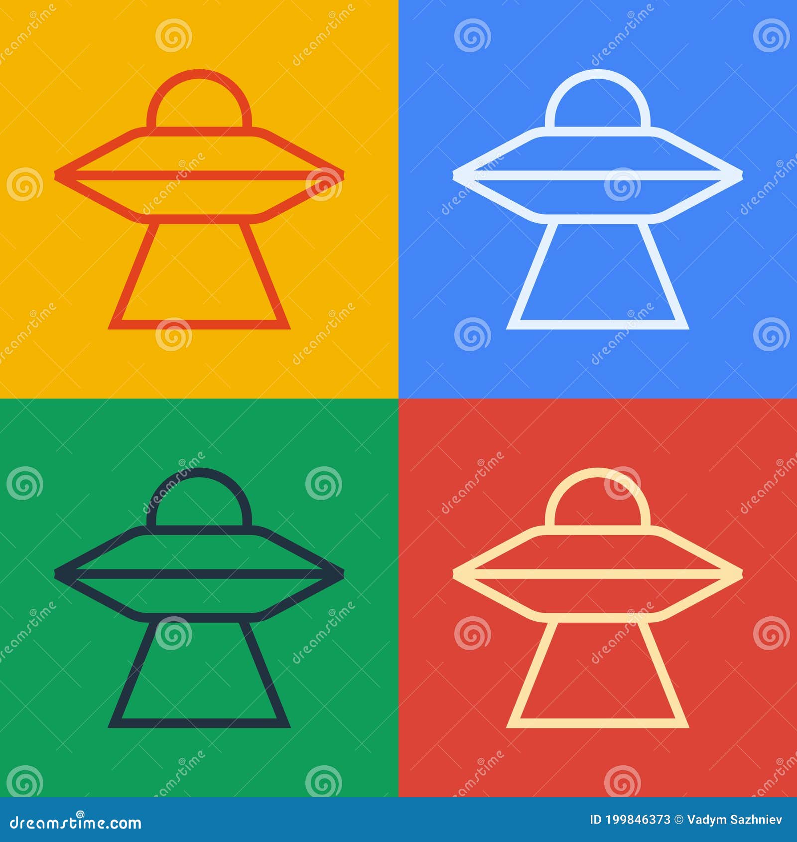 pop art line ufo flying spaceship icon  on color background. flying saucer. alien space ship. futuristic unknown flying