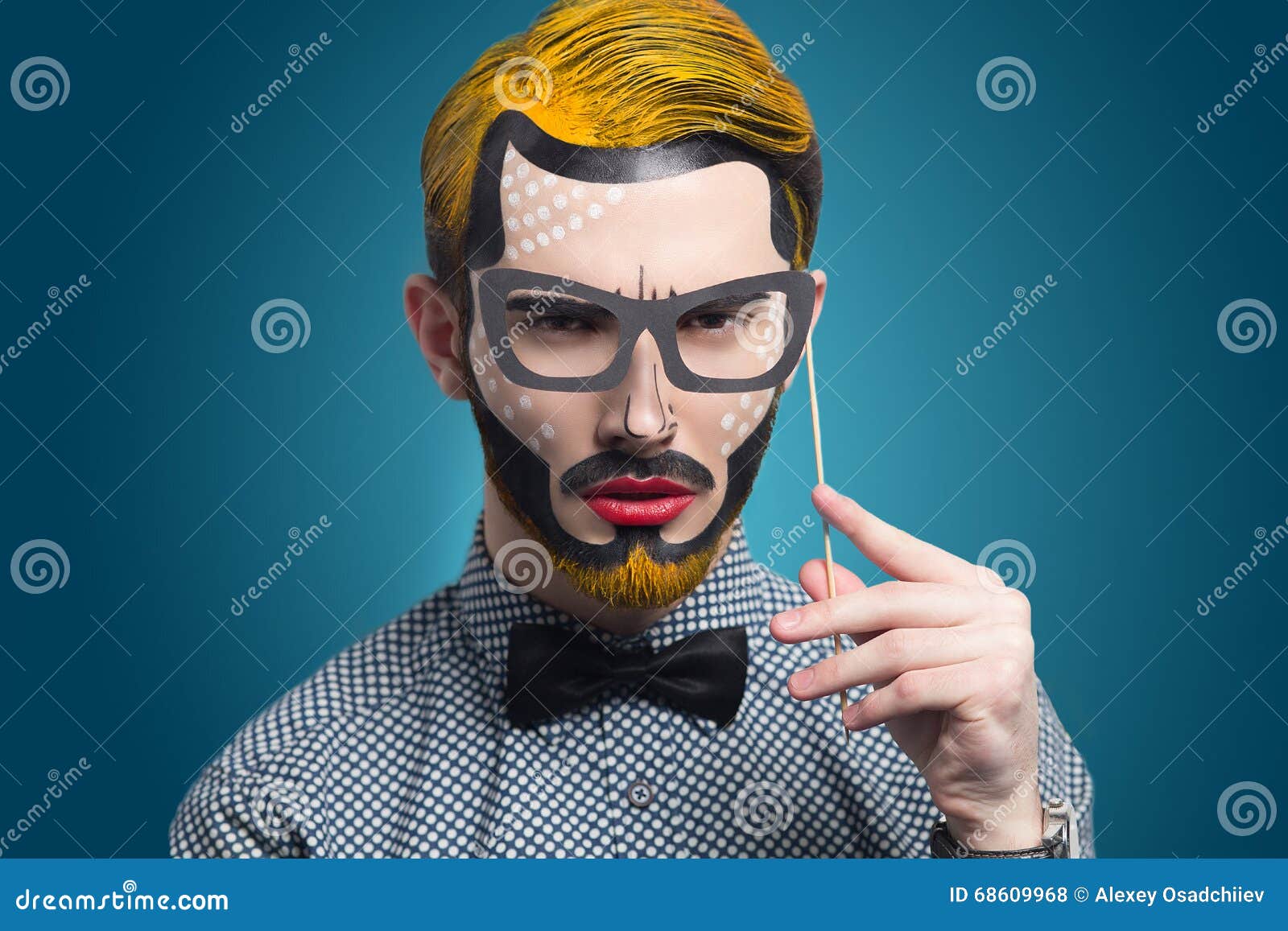 Pop art man stock photo. Image of blue, makeup, mustache - 68609968