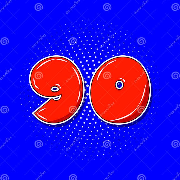 Pop Art Red Number 90 Over Blue Dotted Background. Stock Vector