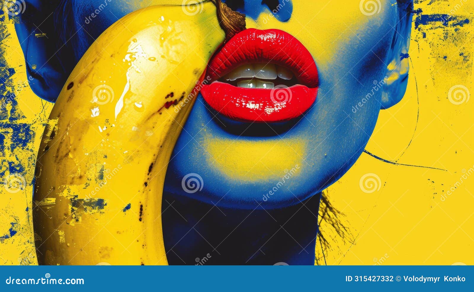 pop art seduction - bold lips and banana on vivid blue