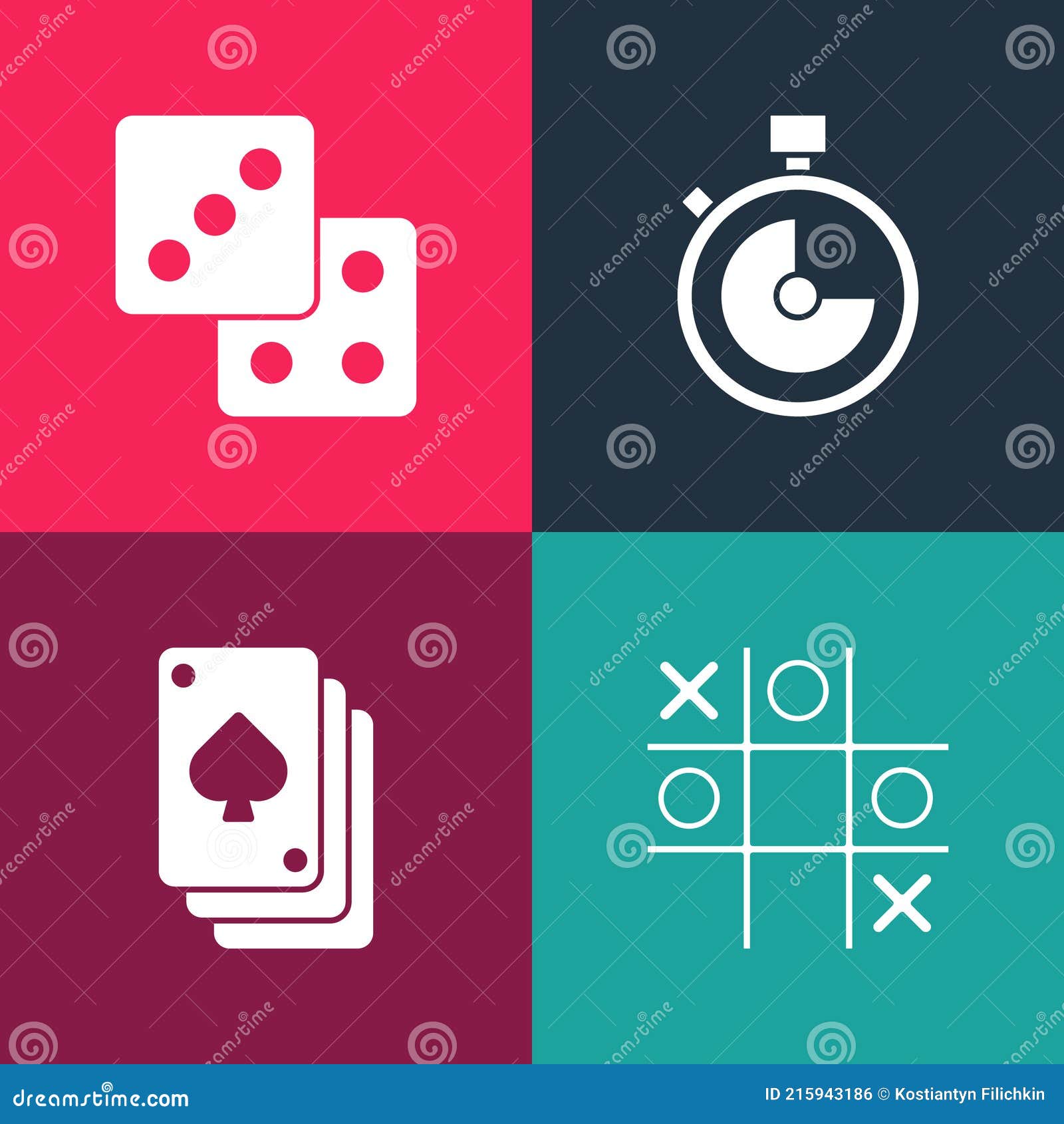 Pop Art Tic Tac Toe Game Speelkaarten Stopwatch and Game Dice Icon