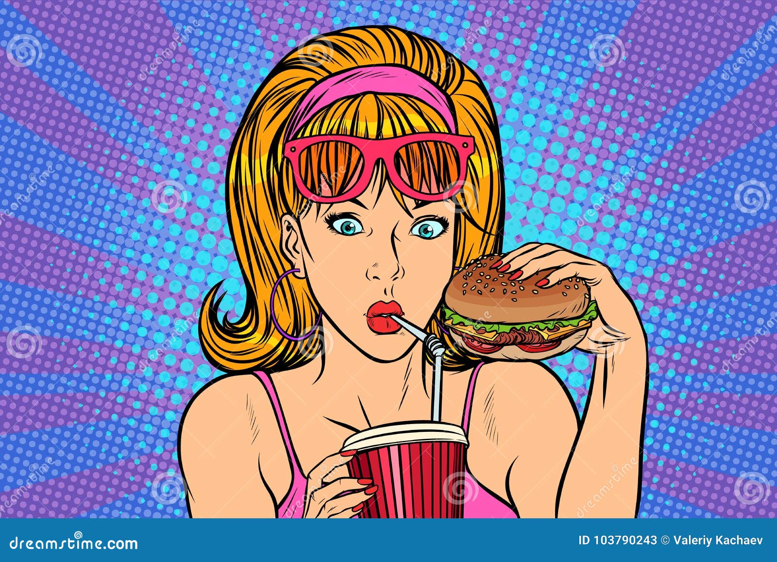 pop art woman with fast food