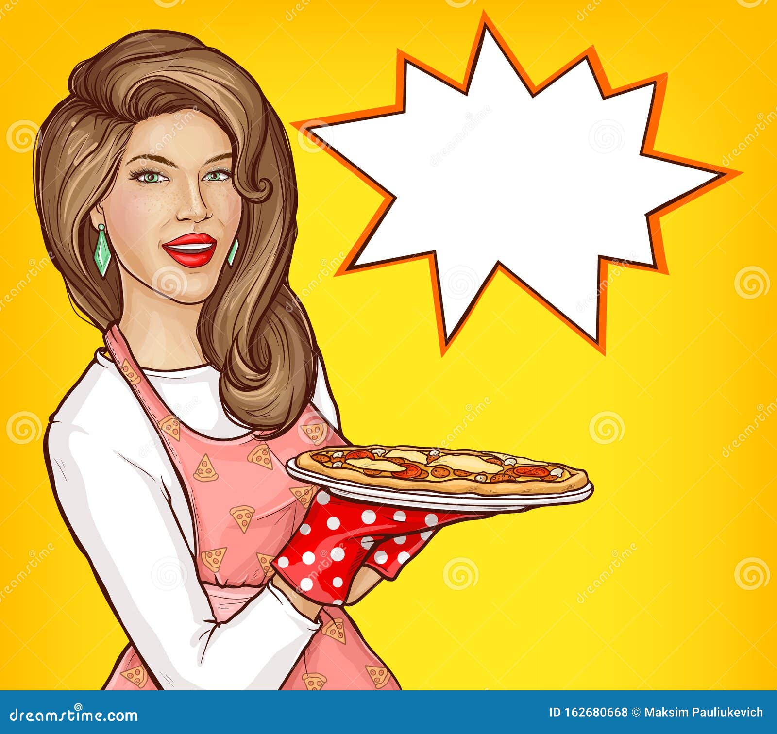 Pop Art Woman Holding Tray with Pizza for Family Stock Vector ...