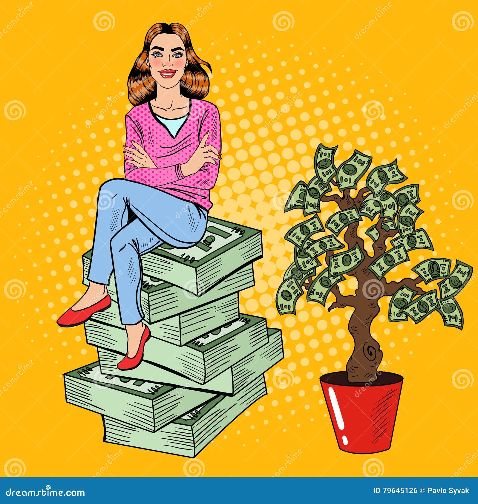 pop art young rich woman sitting on a stack of money near money tree