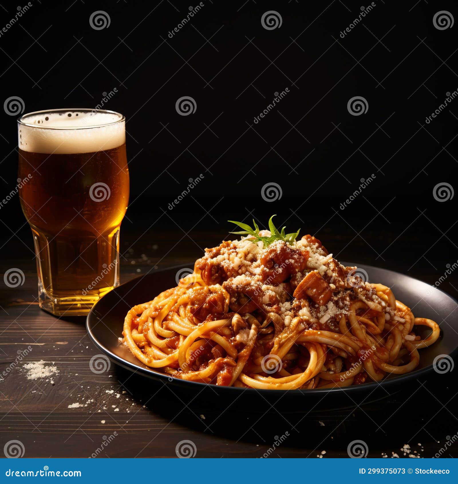 pop-culture infused spaghetti with ground beef and a glass of beer