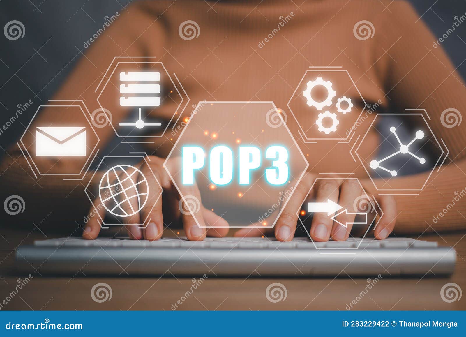 business person hand typing on keyboard with post office protocol version 3 icon on