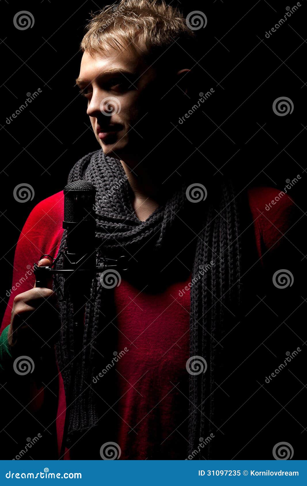 Pop singer. Photo of handsome guy with microphone in hands